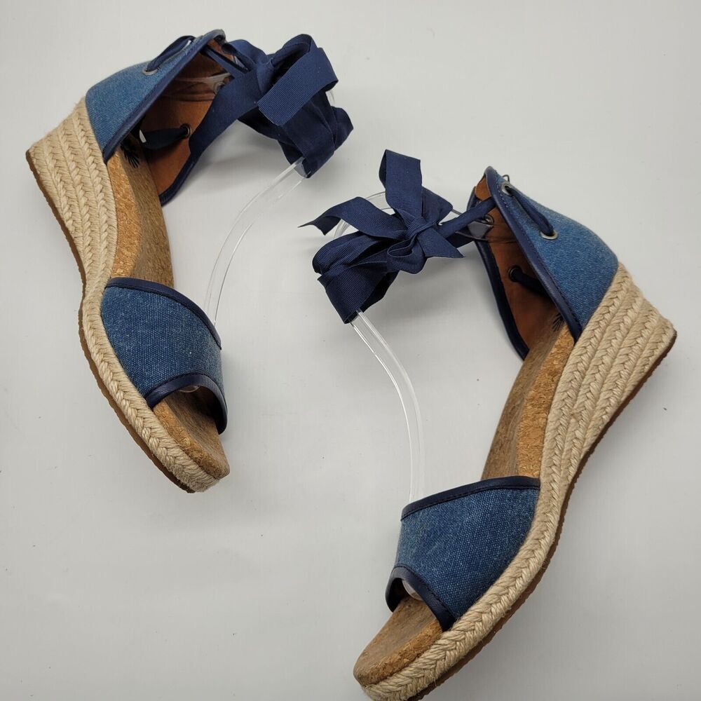 UGG Amell Womens Size 9 Blue Canvas Jute wrapped Ribbon Ankle tie Sandals Shoes - Picture 4 of 8
